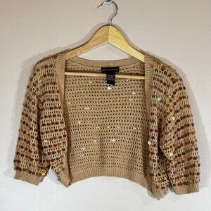 #124 Women's Beecher Brooks Cropped Open-Knit Sequin Shrug, Beige, Size Medium